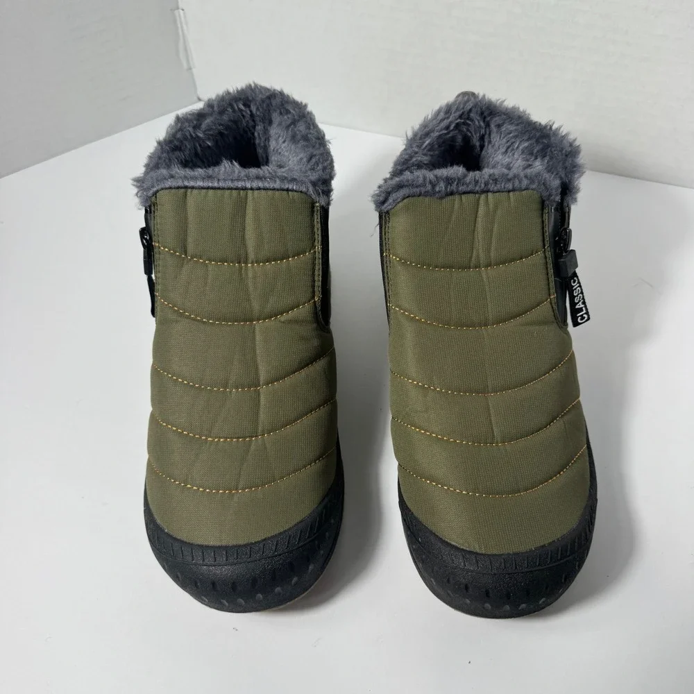 Classic Men Olive Green Quilted Puffer Snow Boots Faux Fur‎ Lined  US 6.5
